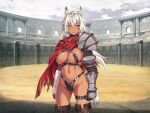  1girl absurdres animal_ears armor armored_gloves bandaged_arm bandages bikini black_bikini boots breasts brown_eyes cameltoe choker cloak covered_nipples dark-skinned_female dark_skin dog_ears grey_hair groin highres kuroinu_gaiden_in&#039;yoku_no_daishoukan large_breasts leg_belt leona_(kuroinu_gaiden_in&#039;yoku_no_daishoukan) long_hair navel non-web_source official_art outdoors panties resized revealing_clothes shoulder_armor solo swimsuit tail thigh_boots thong torn_cloak torn_clothes underwear upscaled white_hair 