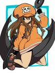  1girl absurdres anchor backpack bag bangs bike_shorts black_gloves black_shorts brown_eyes brown_hair cabbie_hat fingerless_gloves full_body gloves guilty_gear guilty_gear_strive hair_between_eyes hat highres hikuihana jacket long_hair long_sleeves looking_at_viewer may_(guilty_gear) orange_headwear orange_jacket short_shorts shorts simple_background sitting sitting_on_object skull_and_crossbones smile solo 