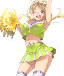  1girl ahoge arm_up armpits blonde_hair blue_eyes blush breasts cheerleader cowboy_shot flying_sweatdrops green_shirt green_skirt hachimiya_meguru hair_ornament hairclip hand_up holding holding_pom_poms idolmaster idolmaster_shiny_colors kawaty kneehighs large_breasts long_hair looking_at_viewer low_twintails midriff_peek navel one_eye_closed open_mouth pleated_skirt pom_pom_(cheerleading) print_shirt shirt simple_background skirt sleeveless sleeveless_shirt smile socks solo teeth twintails upper_teeth_only white_background white_socks 