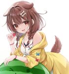  1girl :d animal_ears bare_shoulders blue_bow bone_hair_ornament bow braid brown_eyes brown_hair cartoon_bone collar collarbone commentary_request dog_ears dog_girl dog_tail dress food fruit hair_ornament hair_over_shoulder holding holding_food hololive hood hood_down hooded_jacket inugami_korone inugami_korone_(1st_costume) jacket long_hair low_twintails minakami_rinka open_clothes open_jacket red_bow red_collar simple_background sleeveless sleeveless_dress smile solo strawberry suika_game tail twin_braids twintails virtual_youtuber watermelon white_background white_dress yellow_jacket 
