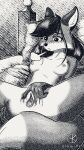  alora&#039;s_quest(copyright) alora_(ebbakatten) anthro bed blush breasts canid canine ebbakatten female fox furniture genitals hi_res mammal monochrome nipples pussy solo spread_legs spread_pussy spreading tail 