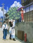  1girl 2boys absurdres arms_behind_head black_hair cloud cloudy_sky commentary_request day eating fire_hydrant food gintama glasses grey_hair hair_bun highres holding holding_umbrella house ice_cream kagura_(gintama) multiple_boys on_wall orange_hair outdoors sakata_gintoki shimura_shinpachi shooogun short_hair sky tree umbrella utility_pole walking 