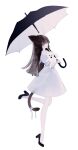  1girl animal animal_ears archived_source black_footwear black_hair blue_dress cat_ears cat_tail collared_dress dog dress expressionless full_body grey_eyes high_heels highres holding holding_animal holding_dog holding_umbrella honjou_ruri honnryou_hanaru long_hair looking_at_viewer original parted_lips ribbon sailor_collar simple_background solo tail tail_ornament tail_ribbon umbrella white_background 