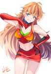  1girl ahoge blue_eyes breasts crop_top elbow_gloves evangelion:_3.0+1.0_thrice_upon_a_time gloves hand_on_own_hip hori_shin long_hair medium_breasts navel neon_genesis_evangelion orange_hair race_queen rebuild_of_evangelion red_gloves red_skirt simple_background skirt smile solo souryuu_asuka_langley standing teeth white_background 