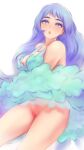 1girl :o areola_slip bare_shoulders blue_eyes blue_hair blush boku_no_hero_academia breasts dress hadou_nejire highres long_hair looking_at_viewer open_mouth pussy shpo simple_background solo uncensored very_long_hair wardrobe_malfunction white_background 