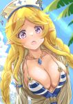  1girl absurdres blonde_hair blue_sky breasts highres jewelry large_breasts maoo-san necklace open_mouth palm_tree pointy_ears princess_connect! sky solo swimsuit tree twintails upper_body yukari_(princess_connect!) 