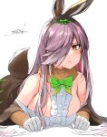  1girl animal_ears bare_shoulders blush bow bowtie brown_eyes brown_fur brown_gloves brown_hair center_frills elbow_gloves european_hare_(kemono_friends) frills fur_collar gloves green_bow green_bowtie hair_bow hair_over_one_eye happa_(cloverppd) highres kemono_friends long_hair lying multicolored_hair on_stomach rabbit_ears rabbit_girl rabbit_tail shirt sleeveless solo tail white_hair white_shirt 