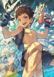  1boy absurdres backpack bag bandaid bandaid_on_knee bandaid_on_leg blue_gloves commentary commentary_request full_body gloves highres holding holding_water_gun male_focus open_mouth rex_(xenoblade) smile solo sora_(zwz030) splashing super_soaker swimsuit teeth toned toned_male topless_male toy_gun upper_teeth_only water water_gun xenoblade_chronicles_(series) xenoblade_chronicles_2 