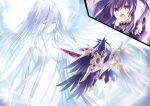  2girls blue_eyes breasts date_a_live highres holding holding_sword holding_weapon large_breasts long_hair multiple_girls non-web_source open_mouth purple_eyes purple_hair sword takamiya_mio tsunako weapon white_hair wings yatogami_tooka 