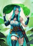  1girl biceps blue_eyes blue_hair blush breasts cleavage elbow_gloves forest gloves gourd highres katana large_breasts leaf leaf_on_head long_hair muscular muscular_female nature original rain robusta_mania sheath sheathed signature solo sword thick_thighs thighhighs thighs toned very_long_hair weapon wet 