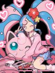  1girl blue_skirt cardigan choker commentary fairy_miku_(project_voltage) flower hair_flower hair_ornament hatsune_miku heart heart_choker highres jigglypuff leg_warmers long_hair looking_at_viewer multicolored_hair nail_polish one_eye_closed pink_cardigan pink_nails poke_ball pokemon pokemon_(creature) project_voltage saki_pokeoekaki scrunchie skirt twintails twitter_username two-tone_hair v very_long_hair vocaloid wrist_scrunchie 