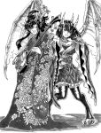  2girls bachi blood_(game) cacodemon claws crossover cyclops demon_girl demon_horns doom_(series) floral_print flower full_body greyscale hair_ornament highres holding holding_microphone horns instrument japanese_clothes kimono long_hair long_sleeves looking_at_viewer medium_hair microphone monochrome monster_girl multiple_girls multiple_horns music obi one-eyed playing_instrument plectrum pointy_ears sash shamisen singing smile stone_gargoyle_(blood) substance20 thighhighs white_background wide_sleeves wings 