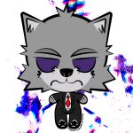  1:1 2023 anthro black_clothing black_footwear black_shoes black_suit canid canine canis chibi clothing digital_media_(artwork) english_text esteban_(oppression) footwear fur grey_body grey_fur halftone_dots male mammal minimalist necktie opression_(novel) purple_eyes red_necktie signature simple_background simple_face solo suit text vector_art wolf wolfnes 
