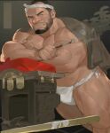  1boy atcesolcyc bara bulge feet_out_of_frame festival fundoshi hachimaki happi headband holding holding_smoking_pipe japanese_clothes large_pectorals long_sideburns looking_to_the_side male_focus mature_male muscular muscular_male original pectorals receding_hairline short_hair sideburns smoking_pipe solo strongman_waist thick_eyebrows thick_thighs thighs 