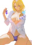  1girl absurdres blonde_hair breasts cocolia_rand guiguz highres honkai:_star_rail honkai_(series) long_hair loose_clothes medium_breasts navel no_bra panties see-through simple_background sitting unbuttoned underwear wariza white_background 