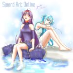  2girls armpits asuna_(sao) bare_arms bare_legs barefoot blue_eyes blue_hair feet hairband konno_yuuki_(sao) long_hair looking_at_viewer multiple_girls no-ppo no_armor open_mouth purple_hair red_eyes red_hairband skirt smile sword_art_online very_long_hair water yuuki_(sao) 