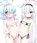  2girls :o a.r.o.n.a_(blue_archive) arona_(blue_archive) bangs bare_shoulders bikini black_bikini black_choker black_hairband blue_archive blue_eyes blue_hair blush bow braid breasts cameltoe choker closed_mouth collarbone colored_inner_hair cowboy_shot eyepatch_bikini flat_chest groin hair_bow hair_ornament hair_over_one_eye hair_ribbon hairband halo hand_up highleg highleg_bikini highres long_hair looking_at_viewer machismo_fuji micro_bikini multicolored_hair multiple_girls navel one_eye_covered open_mouth panties parted_lips pink_hair ribbon side-tie_panties side_braid simple_background single_braid standing streaked_hair swimsuit symbol-shaped_pupils twintails underwear white_background white_bikini white_choker white_hair white_ribbon 