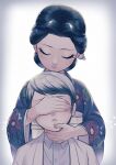  1boy 1girl black_hair black_kimono closed_eyes closed_mouth collared_shirt covered_eyes covering_another&#039;s_eyes dress_shirt floral_print grey_hair hair_ornament hand_on_another&#039;s_chin hand_on_another&#039;s_face hug hug_from_behind japanese_clothes kimetsu_no_yaiba kimono long_sleeves nikomi_(nikomix) obi parted_hair parted_lips sash shirt short_hair smile swept_bangs tamayo_(kimetsu_no_yaiba) updo white_background white_shirt yushiro_(kimetsu_no_yaiba) 