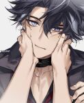  1boy 1other artist_name bandaged_neck bandages black_hair black_shirt blue_eyes closed_mouth collared_shirt commentary ear_piercing earrings english_commentary genshin_impact grey_hair hair_between_eyes hands_on_another&#039;s_cheeks hands_on_another&#039;s_face highres jewelry looking_at_viewer male_focus multicolored_hair parted_bangs piercing pov pov_hands scar scar_on_face scar_on_neck shirt short_hair simple_background solo_focus streaked_hair stud_earrings sweatdrop upper_body white_background wriothesley_(genshin_impact) yuelight 