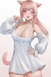  1girl animal_ears blush breasts cat_ears cat_girl cat_tail cleavage collarbone commission cowboy_shot dress facial_mark final_fantasy final_fantasy_xiv gradient_background hand_on_own_hip highres large_breasts long_hair long_sleeves looking_at_viewer miqo&#039;te off_shoulder open_mouth pink_hair ponytail puffy_long_sleeves puffy_sleeves purple_eyes sidelocks simple_background skeb_commission slit_pupils solo strap_lift tail thighs torisanff14 warrior_of_light_(ff14) whisker_markings white_dress 