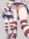  1girl absurdres animal_ears ass ass_visible_through_thighs blue_skirt blush boots breasts brown_eyes closed_mouth collarbone commentary_request conte_di_cavour_(kancolle) cosplay fake_animal_ears grey_background grey_footwear halter_shirt halterneck hands_on_own_hips highleg highleg_panties highres kantai_collection large_breasts light_brown_hair long_hair miniskirt multiple_views navel panties rabbit_ears school_uniform serafuku shimakaze_(kancolle) shimakaze_(kancolle)_(cosplay) simple_background skirt smile standing stomach striped striped_thighhighs thighhighs torisan underwear white_serafuku 