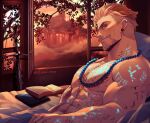  1boy abs bara bead_necklace beads bed body_markings book dead_by_daylight earrings edith_lanzhen facial_hair highres indoors jewelry large_pectorals looking_at_viewer male_focus muscular muscular_male mustache navel necklace on_bed open_book open_window pectorals short_hair solo sword topless_male twitter_username vittorio_toscano weapon white_hair window 