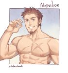  1boy abs absurdres bara blue_eyes blush brown_hair cigar collaboration collarbone cropped_torso cross_scar facial_hair fate/grand_order fate_(series) goatee highres holmy_(holmesdmode) kerogi_haku large_pectorals long_sideburns male_focus mature_male muscular muscular_male napoleon_bonaparte_(fate) nipples nude pectorals recolored scar scar_on_chest short_hair sideburns smile solo 