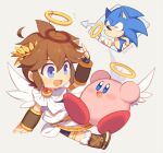  ahoge angel angel_wings blue_eyes brown_hair colored_skin fake_halo furry furry_male gloves halo jewelry kid_icarus kid_icarus_uprising kirby kirby_(series) laurel_crown open_mouth pink_skin pit_(kid_icarus) pointing ring smile smirk solid_oval_eyes sonic_(series) sonic_the_hedgehog super_smash_bros. vambraces white_gloves wings wusagi2 