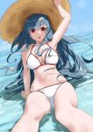  1girl :p absurdres arm_rest arm_up armpits azur_lane bikini blue_hair blue_sky breasts commission ev_(dai00888) forked_tongue hat highres large_breasts long_hair looking_at_viewer marco_polo_(azur_lane) navel outdoors red_eyes second-party_source skeb_commission sky solo star-shaped_pupils star_(symbol) straw_hat swimsuit symbol-shaped_pupils tongue tongue_out water white_bikini 