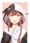  1girl animal_costume blush border brown_eyes brown_hair buttons cow_costume dokka_no_kuni_no_kokuou dot_nose hair_between_eyes highres hood hood_up horned_hood horns long_hair long_sleeves oomuro_hanako pointing pointing_at_self solo tongue tongue_out upper_body white_border yuru_yuri 