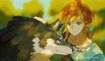  1boy artist_name bangs black_gloves blonde_hair blue_eyes blurry blurry_background closed_mouth collarbone fingerless_gloves from_side gloves hand_up link male_focus maruta_maruta short_hair smile the_legend_of_zelda the_legend_of_zelda:_breath_of_the_wild the_legend_of_zelda:_twilight_princess wolf_link 