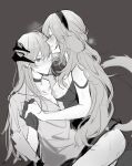  2girls animal_ears arknights blush breasts breasts_out choker closed_eyes clothed_sex cum dog_ears dog_girl dog_tail dragon_girl dragon_horns earclip erection floppy_ears futa_with_female futanari girl_on_top gloves greyscale highres holding_hands horns joshua_(shisanli934) kirsten_(arknights) long_hair looking_at_viewer medium_breasts monochrome multiple_girls nipples pants penis saria_(arknights) sex shirt simple_background straddling strap_slip sweat tail upright_straddle 