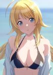  1girl ahoge amochin bikini black_bikini blonde_hair blue_eyes breasts cleavage collarbone commentary_request hachimiya_meguru halterneck head_tilt highres idolmaster idolmaster_shiny_colors large_breasts looking_at_viewer outdoors sideboob solo swimsuit twintails upper_body water_drop 