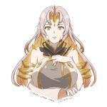  1girl absurdres bare_shoulders breasts facing_viewer fire_emblem fire_emblem_heroes gold grey_hair gullveig_(fire_emblem) highres horns large_breasts looking_at_viewer single_horn solo tak0baka upper_body yellow_eyes 