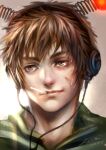  1boy brown_hair cable commentary_request cuts dated glowing green_shirt greenteaa grey_eyes hair_ornament headphones injury male_focus mouth_hold original portrait shirt short_hair signature solo spring_(object) 