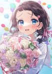  1girl balloon black_hair blue_eyes blush bouquet brown_hair flower hair_ribbon holding holding_bouquet kurihara_sakura leaf looking_at_viewer medium_hair open_mouth original pink_flower pink_ribbon purple_flower red_flower ribbon rose sailor_collar simple_background solo upper_body white_flower white_sailor_collar 