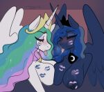  anthro big_breasts blush bodily_fluids breast_squish breasts breasts_frottage cumcadaver duo equid equine eyeshadow female female/female friendship_is_magic hasbro hi_res horn horse incest_(lore) kiss_mark kissing lipstick makeup mammal my_little_pony nipples pony princess_celestia_(mlp) princess_luna_(mlp) saliva saliva_string squish tongue tongue_out winged_unicorn wings 