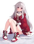  1girl ardenlolo blush clara_(honkai:_star_rail) coat grey_hair hair_between_eyes honkai:_star_rail honkai_(series) jacket long_hair long_sleeves looking_at_viewer purple_eyes red_coat red_eyes red_jacket shoes sidelocks solo thigh_strap thighs white_background white_hair 