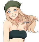  1girl aiphelix bandana blonde_hair blue_eyes blush breasts english_commentary fullmetal_alchemist green_bandana grin happy highres long_hair looking_at_viewer medium_breasts simple_background smile strapless tube_top upper_body white_background winry_rockbell 