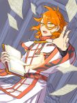  1boy book fire_emblem fire_emblem_engage hair_between_eyes highres holding holding_book looking_at_viewer male_focus medium_hair mojiyama open_book open_mouth orange_eyes orange_hair outstretched_hand pages pandreo_(fire_emblem) robe solo 
