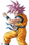  1boy bracelet character_request dragon_ball highres jewelry jumpsuit kakeru_(dbskakeru) looking_at_viewer orange_jumpsuit pink_hair red_eyes simple_background sleeveless solo spiked_hair toriyama_akira_(style) white_background 