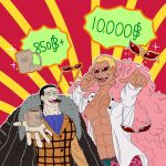  2boys ascot black_coat black_hair blonde_hair blue_ascot cigar coat crocodile_(one_piece) cup donquixote_doflamingo earrings feather_coat fur_trim hair_slicked_back highres holding holding_cup jewelry looking_at_viewer male_focus mg_cls multiple_boys multiple_rings nipples one_piece open_clothes open_mouth outstretched_arm pink_coat pointing pointing_at_viewer price ring sand scar scar_on_face shirt short_hair smile sunglasses tan teeth white_shirt 