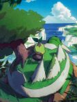 arc_draws cloud commentary_request day from_behind highres no_humans outdoors pokemon pokemon_(creature) riding riding_pokemon sky spikes torterra tree turtwig twitter_username 