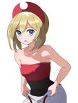  1girl :o absurdres bare_arms blonde_hair blue_eyes collarbone commentary_request eyelashes hairband highres irida_(pokemon) looking_at_viewer medium_hair mikan_(mikan_no_happa) open_mouth pokemon pokemon_(game) pokemon_legends:_arceus red_hairband red_shirt shirt shorts simple_background solo strapless strapless_shirt white_background 