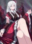  1girl black_bow black_bowtie bow bowtie capelet commentary crossed_legs demon_wings dress english_commentary feet_out_of_frame grey_eyes grey_hair highres legs long_hair looking_at_viewer multiple_wings nukekip one_side_up parted_lips red_capelet red_dress shinki_(touhou) sidelocks sitting solo touhou touhou_(pc-98) wings 