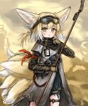  1girl absurdres animal_ears arknights bandana black_shorts blonde_hair brown_gloves commentary day dirty dirty_face english_commentary fingerless_gloves fox_ears fox_girl fox_tail gloves goggles goggles_on_head grey_jacket hair_between_eyes hand_up highres jacket layered_sleeves long_sleeves looking_at_viewer multicolored_hair outdoors parted_lips rylaera sand short_over_long_sleeves short_sleeves shorts signature sketch solo standing suzuran_(arknights) suzuran_(lostlands_flowering)_(arknights) tail two-tone_hair white_hair 