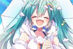  1girl blue_hair closed_eyes clothing_cutout cloud_hair_ornament hair_ornament hatsune_miku holding holding_umbrella hood hoodie kaho_0102 long_hair musical_note musical_note_hair_ornament open_mouth rainbow_hair_ornament shoulder_cutout smile solo soredemo_ii_nda_yo_(vocaloid) twintails umbrella very_long_hair vocaloid white_hoodie 