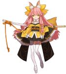  animal_ears fate/samurai_remnant fate_(series) fox_ears fox_girl fox_tail full_body japanese_clothes long_sleeves official_art pantyhose pink_hair sword tail tamamo_(fate) tamamo_aria weapon white_background white_footwear white_pantyhose yellow_eyes 