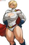  1girl abs batako_(batakoart) blonde_hair blue_eyes boots cape cleavage_cutout clothing_cutout dc_comics gloves hands_on_own_hips highres leotard looking_at_viewer muscular muscular_female plump power_girl short_hair signature smile solo thighs turtleneck white_background 