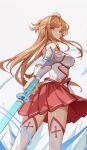  1girl absurdres armor asuna_(sao) bare_shoulders breastplate brown_eyes brown_hair commentary_request dress highres holding holding_sword holding_weapon long_hair looking_at_viewer looking_back luai rapier red_skirt skirt sword sword_art_online thighhighs weapon white_armor white_dress white_thighhighs 